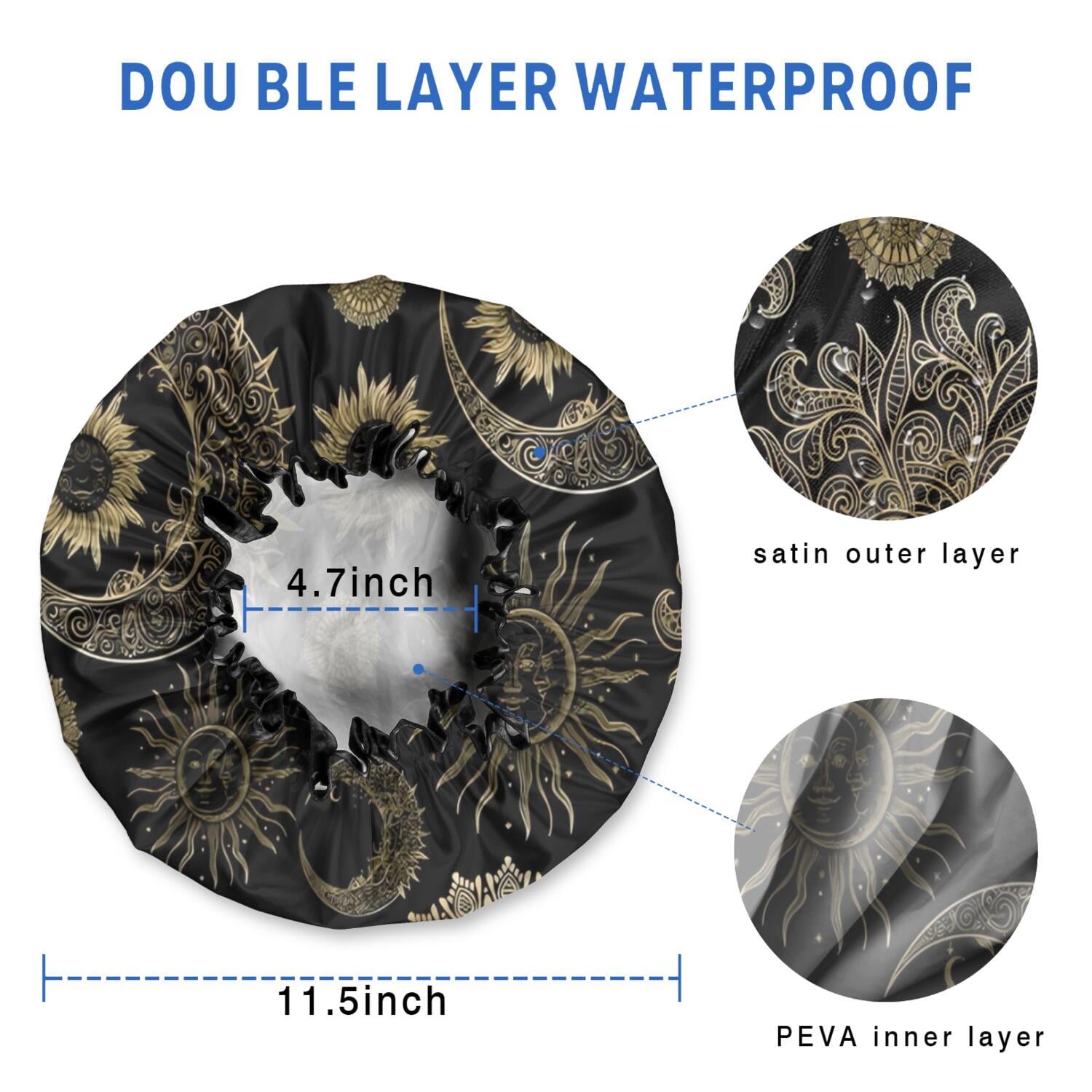 Shower Caps,Black Gothic Sun Moon Pattern Waterproof Shower Cap for Women 4 Pieces,Double Reusable Hair Cover for Shower PEVA Elastic Stretch Hem