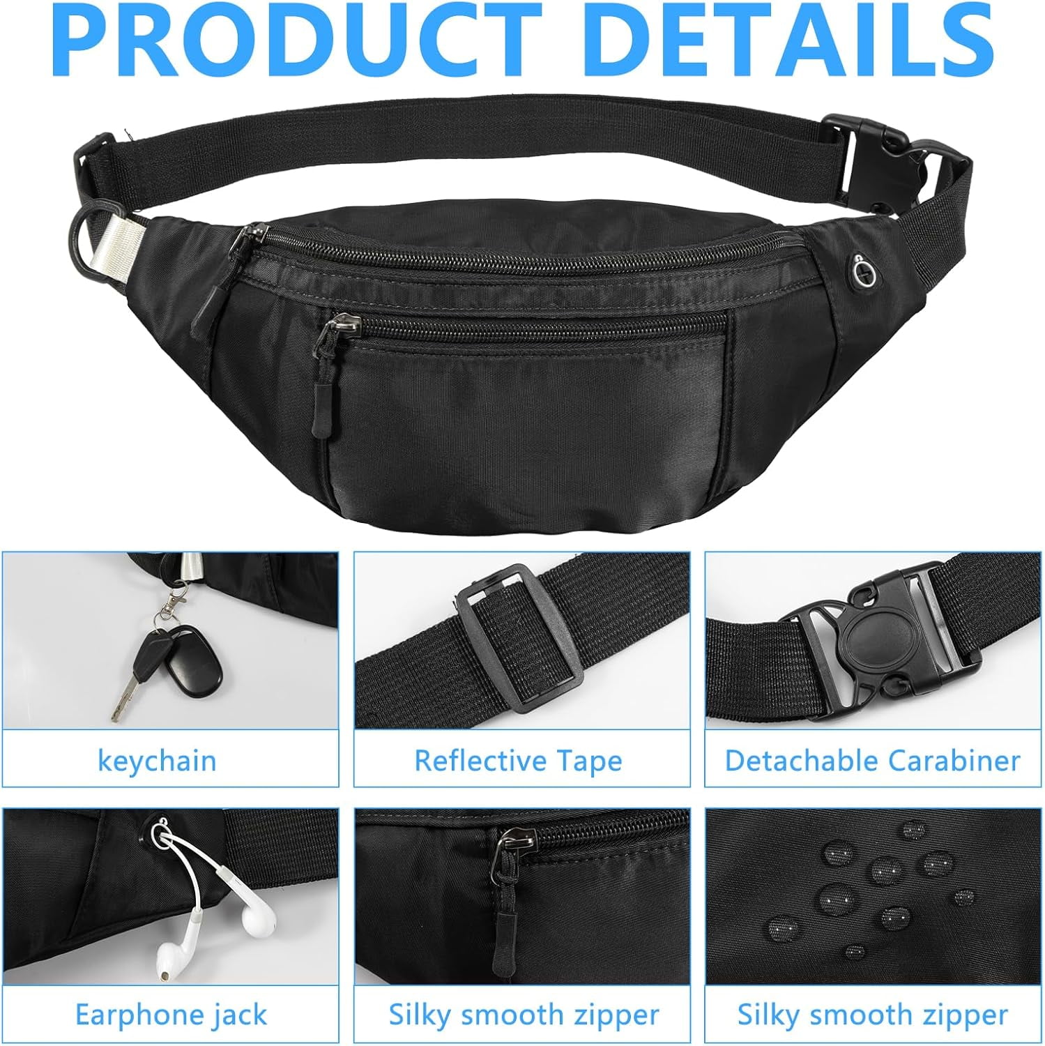 Kwuty 10PCS Crossbody Fanny Pack Large Capacity Waist Bag with Hidden Zipper Pockets Adjustable Strap Fanny Packs Waterproof Oxford Cloth Travel Belt Bag for Outdoor Shopping Travel Men Women,Black