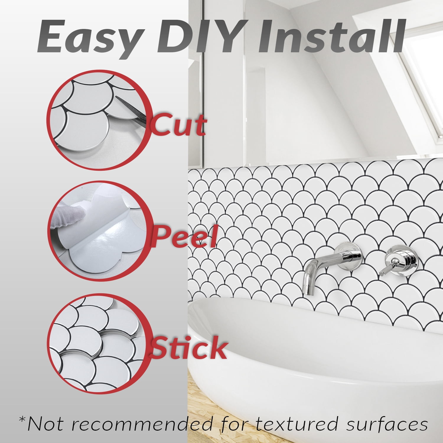 Dcor WOW 41001  Peel & Stick Backsplash, (8) 12x12-inch Sheet Covers 8 Sq Ft, White Scallop Back Splash Tile Grey Grout