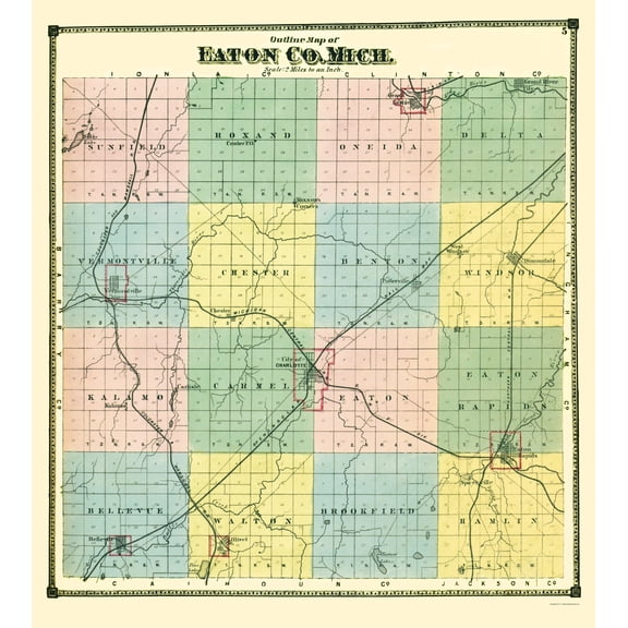 Historic County Map - Eaton County Michigan - Bullock 1873 - Vintage Wall Art