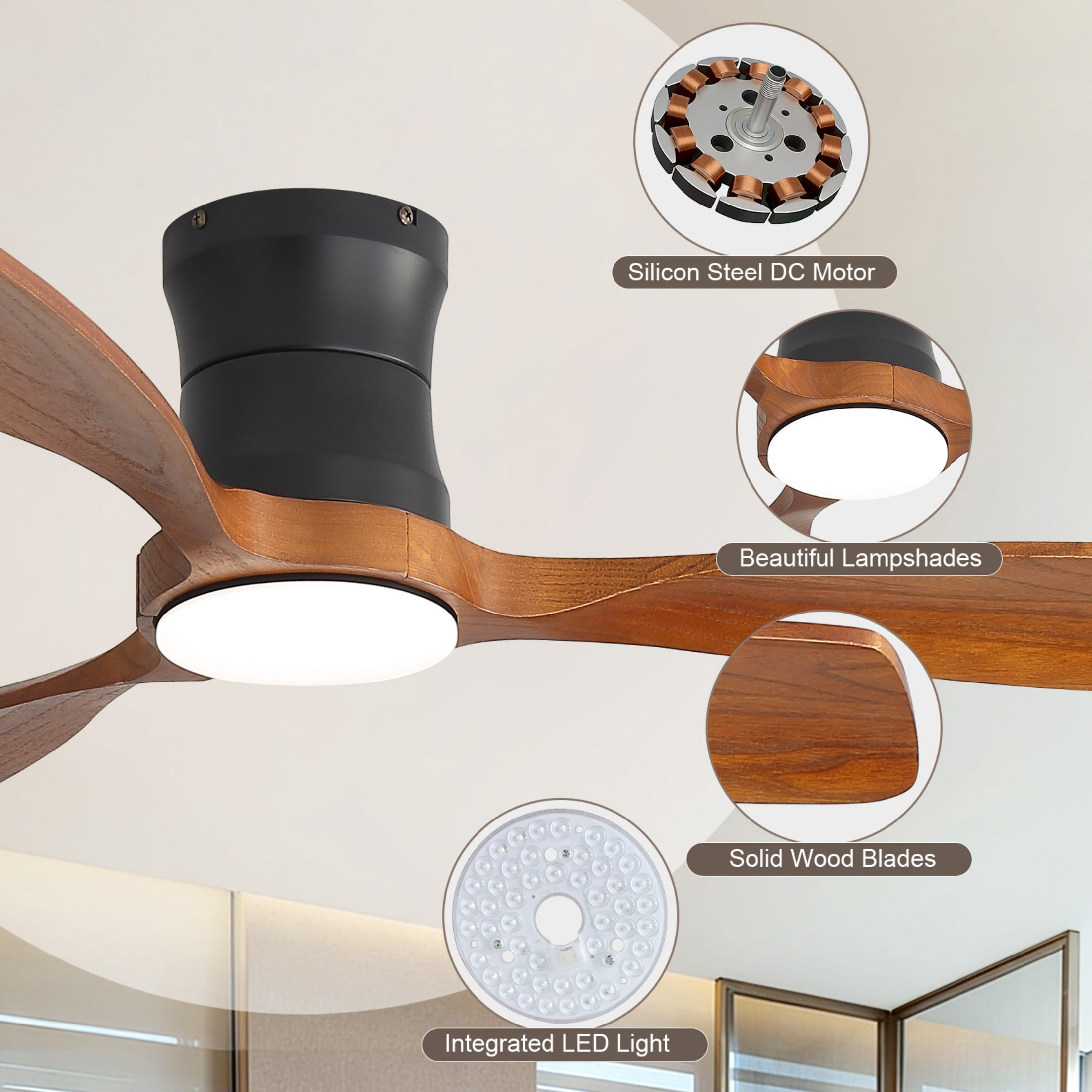 Sofucor 48-Inch Flush Mount Ceiling Fan with LED Light and Remote Control, Dimmable, ETL Certified