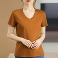 thumbnail image 3 of Olyvenn Women's Summer Tops Tee Mercerized Cotton 2025 V Neck T-Shirts Casual Comfort Short Sleeve Pullover Coffee XXL, 3 of 4