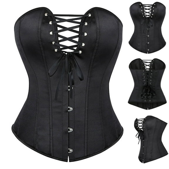 XUNKUSGA Shapewear for Women Overbust Satin Corset Top Renaissance Lace Up Bustier Steel Boned Corset Bustier Solid Color Backless Ribbon Waist Gothic Corset Shapewear XS-XL Black