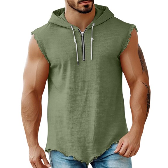 Linen Mens Hoodie Pullover Drawstring Quarter Zipper Sleeveless Vintage Tops T-Shirt Streetwear Fathers Gift