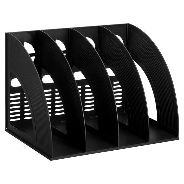 Unique Bargains Magazine File Holder, Plastic Vertical 4 Compartment Desktop Book Newspaper Notebook Storage Rack, Black