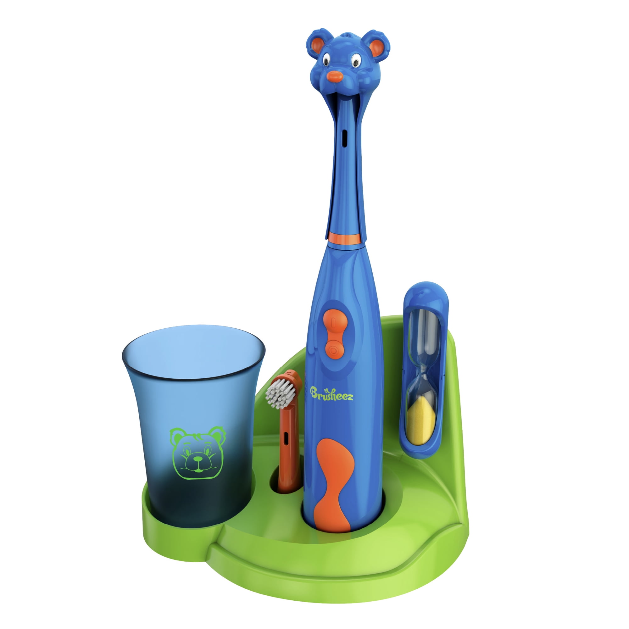 Brusheez Kids’ Electric Toothbrush Set - Safe & Effective for Ages 3+ - Parent Tested & Approved with Gentle Bristles 2 Brush Heads Rinse Cup 2-Minute Timer & Storage Base (Buddy the Bear)