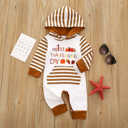 

NIUREDLTD Baby Girls Boys Striped Hooded Thanksgiving Autumn Winter Pumpkin Long Sleeve Romper Jumpsuit Clothes