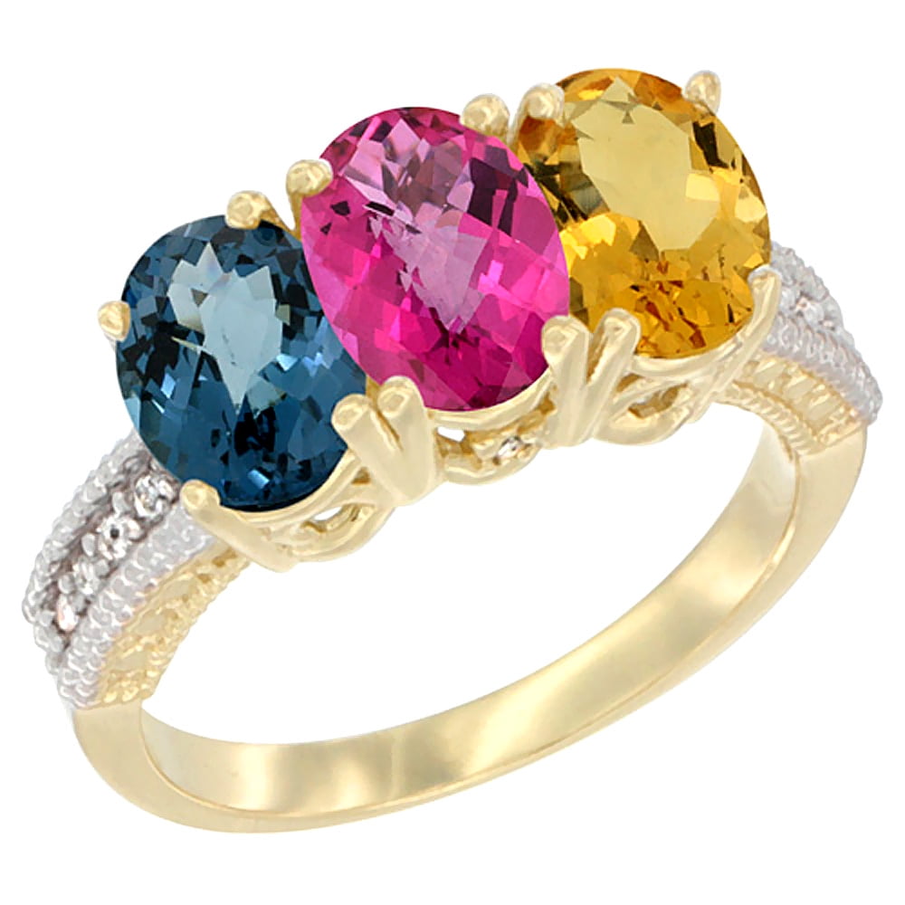 10K Yellow Gold Diamond Natural London Blue Topaz, Pink Topaz & Citrine Ring 3-Stone Oval 7x5 mm, sizes 5 10 by WorldJewels