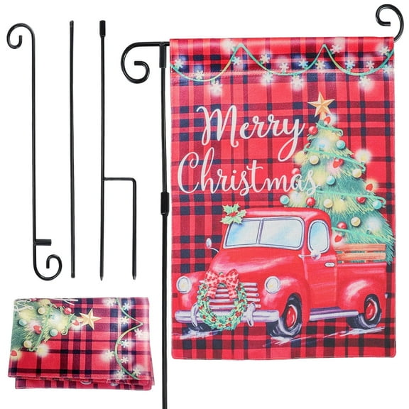 DIYMAG Merry Christmas Flag Plus Flag Stand Pole Set, 12x18 Inch Double Sided Small Burlap Holiday Red Yard Decoration Merry Christmas Flag with Flag Stand