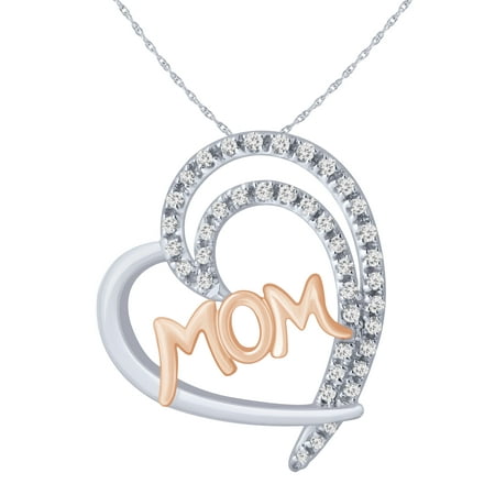 Diamond Angled Double Heart Mom Pendant in Sterling Silver and 14 Karat Rose Gold