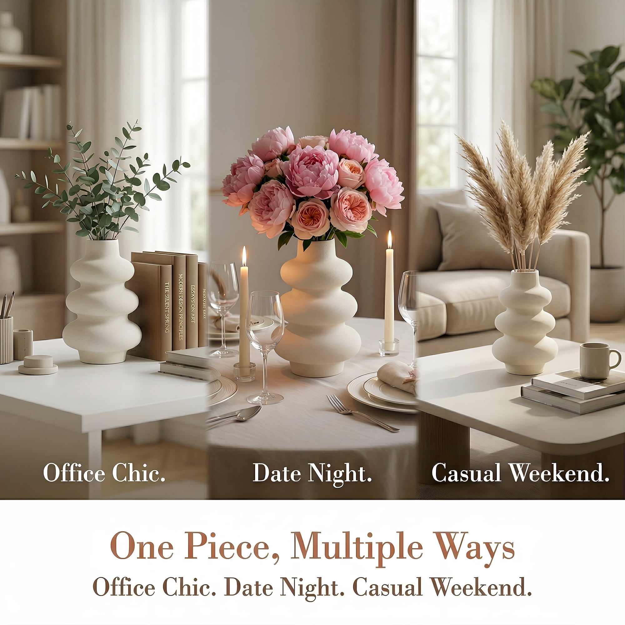 Unique Bargains Ceramic Modern Ripple Textured Decorative Vase White 5.4"L x 5.4"W x 8"H
