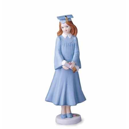 Porcelain Little Girl Figurine - Growing Up Girls Brunette Graduate in Blue Gown Porcelain Bisque Figurine
