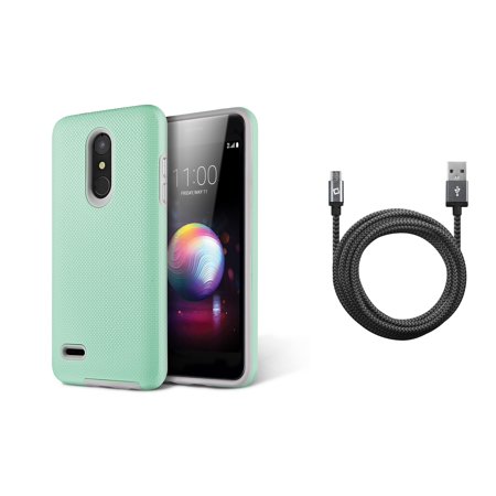 Premier Motor - Anti-Slip Textured Grip Impact Resistant Case (Aqua) with Heavy Duty Braided USB-A to Micro USB Cable (9 Feet / 2.7 Meters) and Atom Cloth for LG Premier Pro 4G LTE L413DL