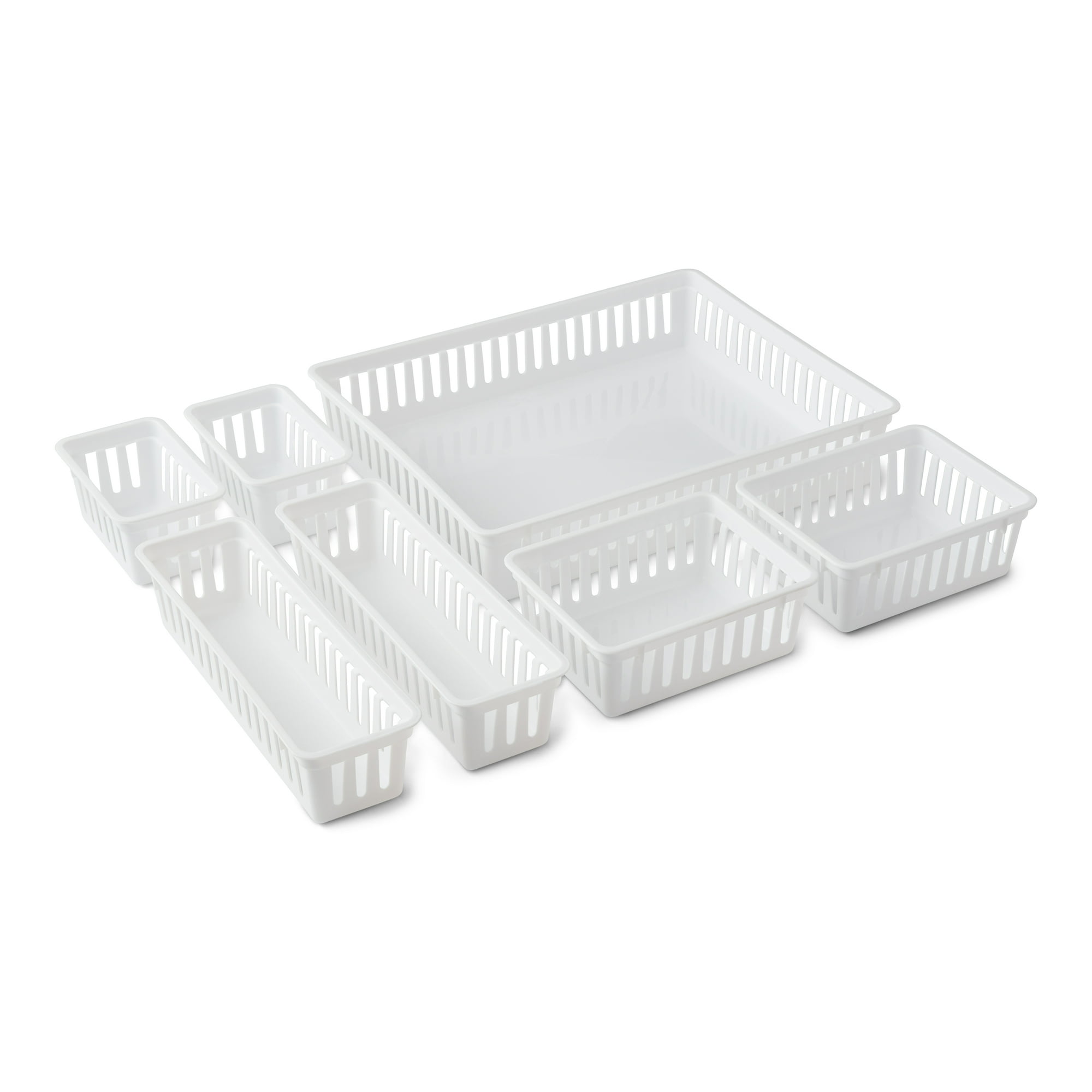 Mainstays 7-Piece Plastic Drawer Organizer Bin Set, White, for Kitchen, Desk, Bathroom and Vanity Drawers
