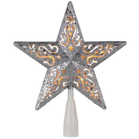 Northlight 8.5" Lighted Silver Glitter Star Cut Out Design Christmas Tree Topper - Clear Lights,