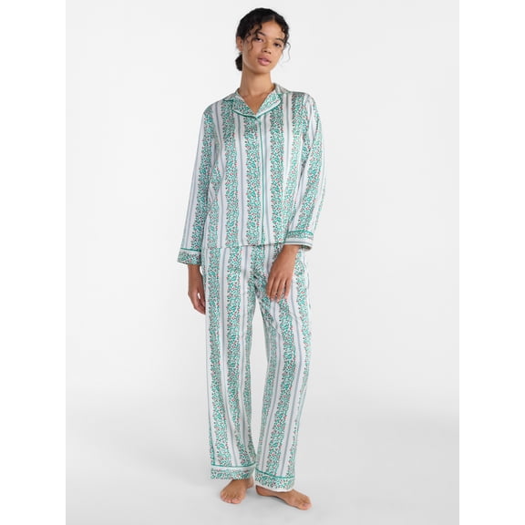 Joyspun Women’s Stretch Satin Sleep Top and Pants, 2-Piece Set, Sizes XS to 3X