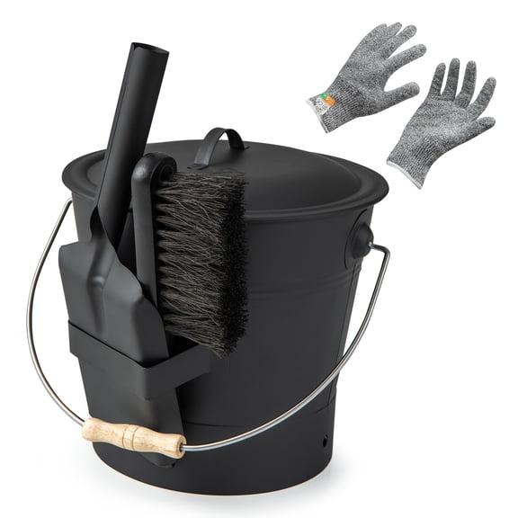 Costway Ash Bucket with Lid & Cut-resistant Gloves Shovel Broom for Fireplace Fire Pits