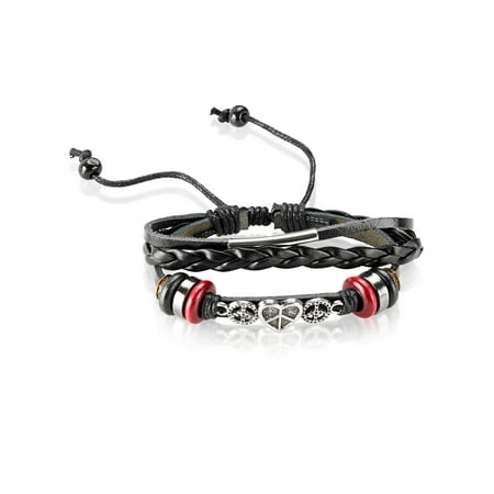 Womens Peace Bracelet - Heart and Peace ID Adjustable Triple Strand Black Leather Bracelet