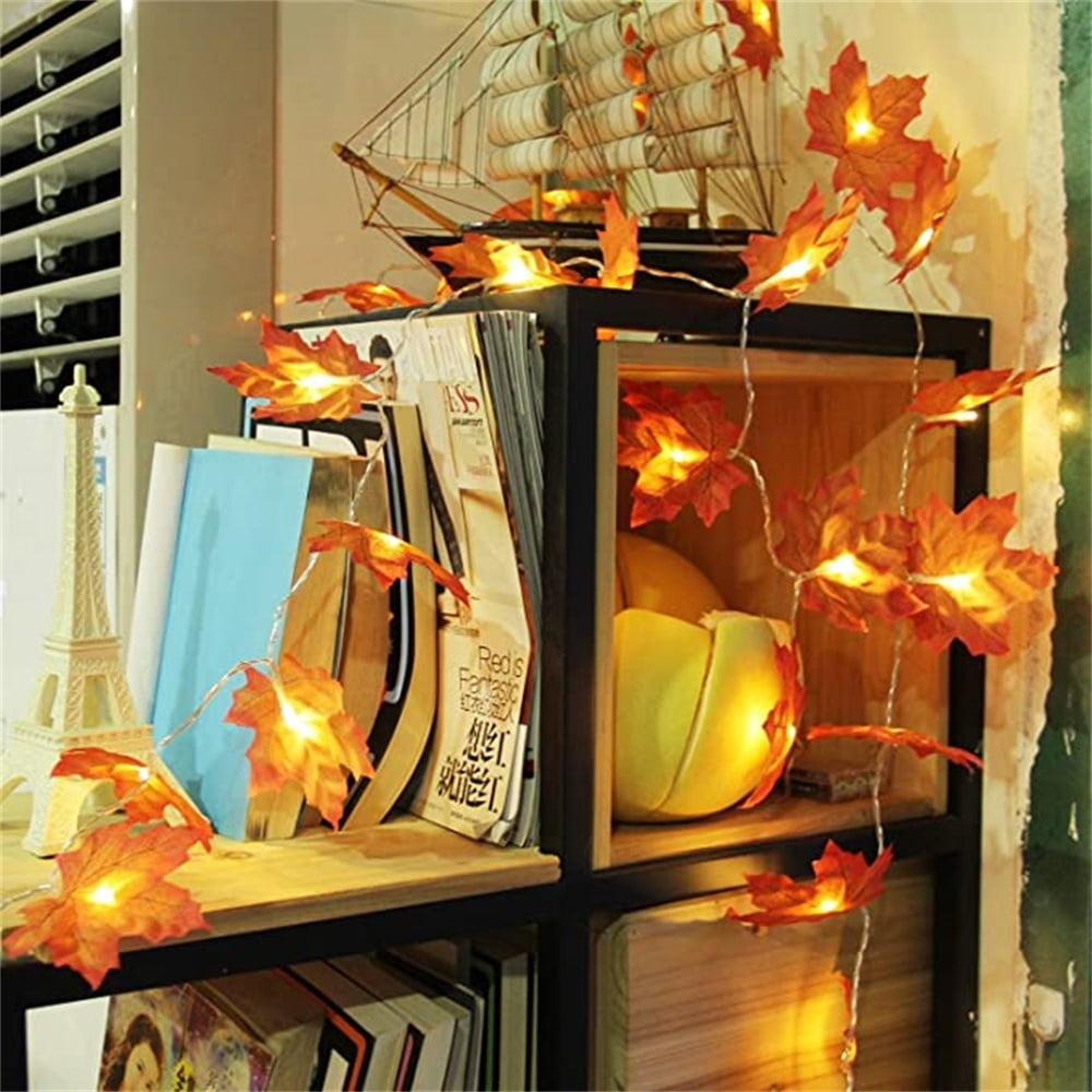 Kepooman 2 Pcs Holiday Decor Garland for Home, 9.8Ft Waterproof Fall String Lights Maple Leaf Garland, Orange