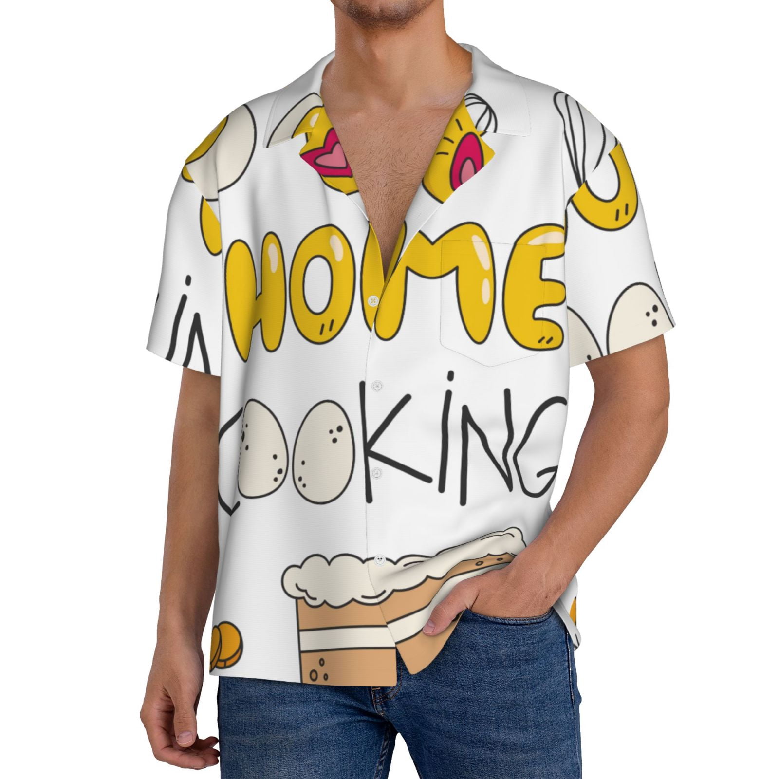 JUNZAN Home Cooking Print Mens Casual Button Down Shirts Short Sleeve Shirt-4X-Large