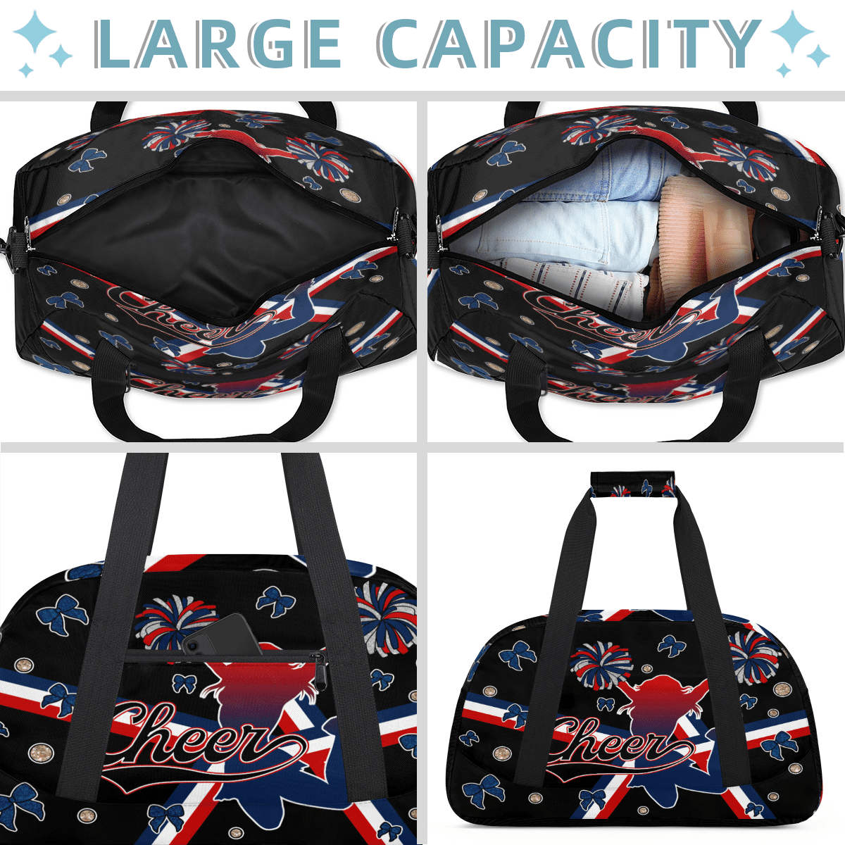 Herdesigns Cheerleader Bags Overnight Duffel Bags Cheer Red Blue Sport Gym Bag Travel Bag Travel Waterproof Weekender Bag Carry On Travel Tote Bag Dance Bags