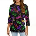 thumbnail image 4 of Mardi Gras Shirts Womens Sparkly Crew Neck Novelty Blouse 3/4 Sleeve Mask Print Purple Tunic Tops Black M, 4 of 5