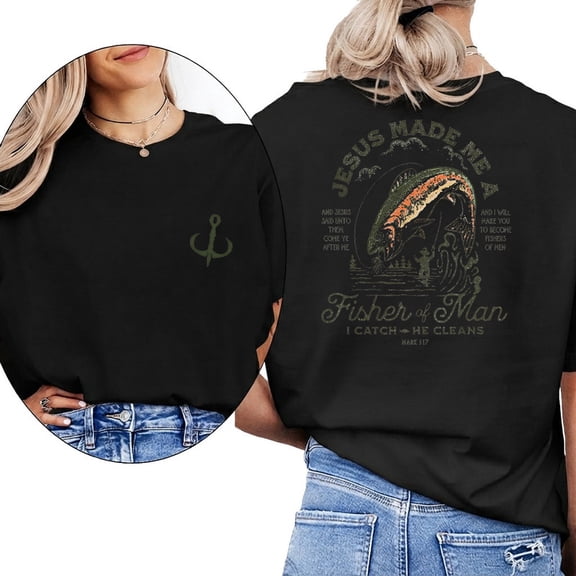 Jesus Made Me A Fisher Of Man I Catch He Cleans Graphic Tees Christian Print T Shirts Short Sleeve Casual Tops for Daily Outfits Black,L