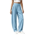 thumbnail image 2 of Karymi Jeans for Women Solid Fake Linen Wide Leg Pants, High Waist Pleated Straight Draped Casual Trousers Lightweight Textured Long Pants, 2 of 7