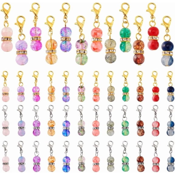 48pcs 12 Colors Round Bead Dangle Charms 1.3 Inch Pendant Glass Beads with Golden/Silver Lobster Claw Clasps Dangle Pendants for Jewelry Keychain Stitch Markers Making