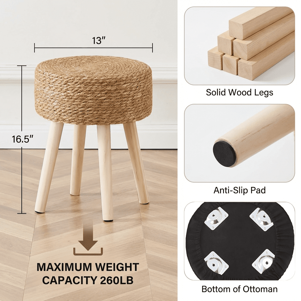 Casa Pura Furniture Ottoman Footstool, Natural Seagrass Round Hand Woven Hyacinth with Solid Wood Legs, Indoor Outdoor, 13 in L x 13 in W x 16.3 in H