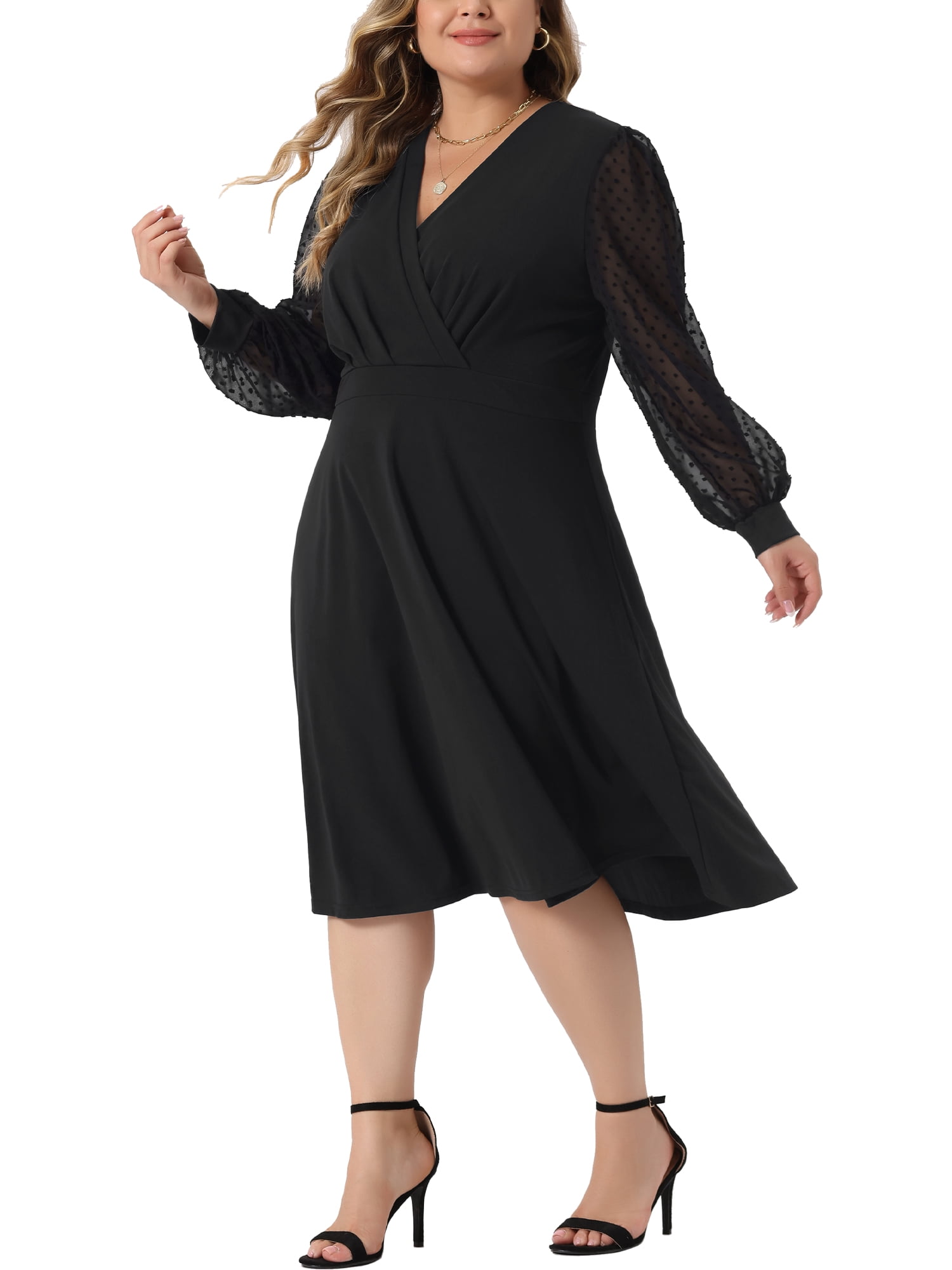 DARING DIVA Plus Size Swiss Dots Wrap V Neck Knee Length Dress 2X Black