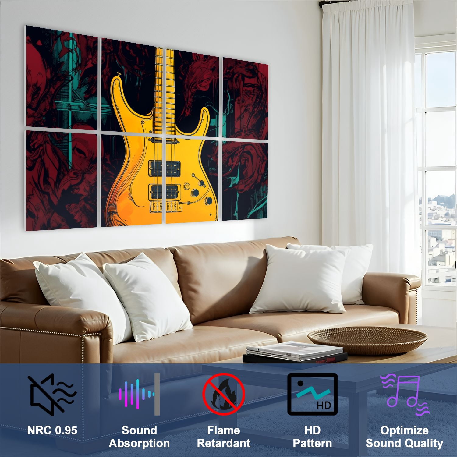 Musical 8 Pack Art Acoustic Panels Sound Absorbing Yellow Electric Guitar Abstract Dark Red Decorative Soundproof Wall Panels Self Adhesive for Nursery Game Room Music Classroom 48"x32"
