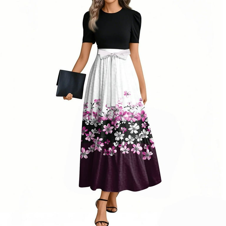 Uocefik Formal Dresses For Women Wedding Guest Summer Floral Print Short Sleeve Dresses Wrap Elegant Sundress Fashion Casual Flowy Maxi Dress Purple M
