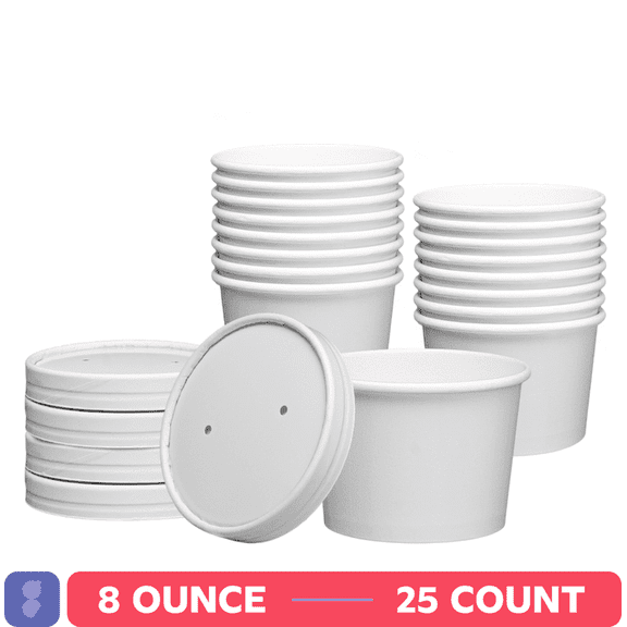 GUSTO 8 Oz Hot Food Containers with Vented Lids Disposable Ice Cream & Soup Cups, 25-Pack