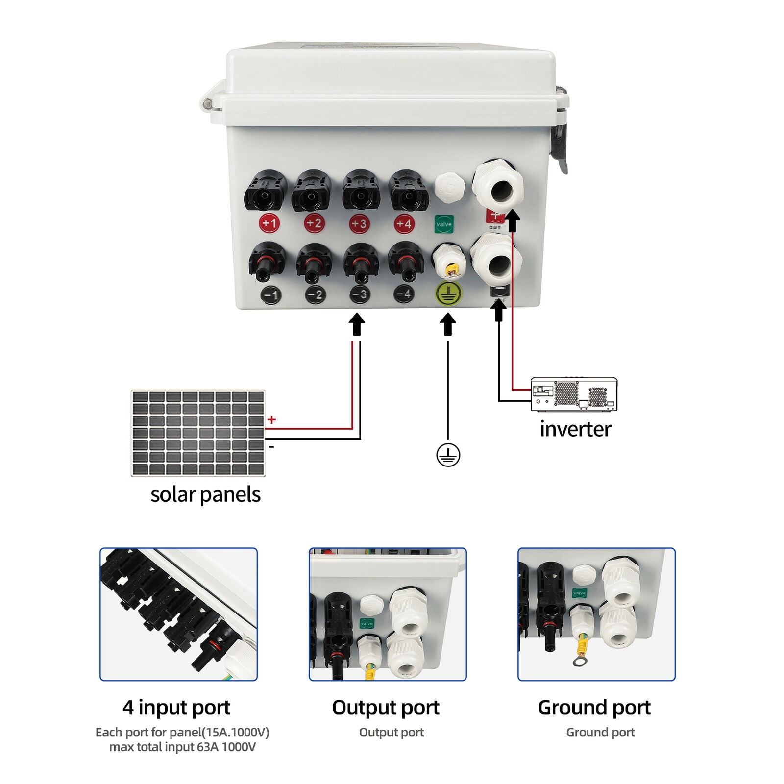 Miumaeov Solar Combiner Box PV Combiner 63A Circuit Breaker 4 String For Solar Panel Kit