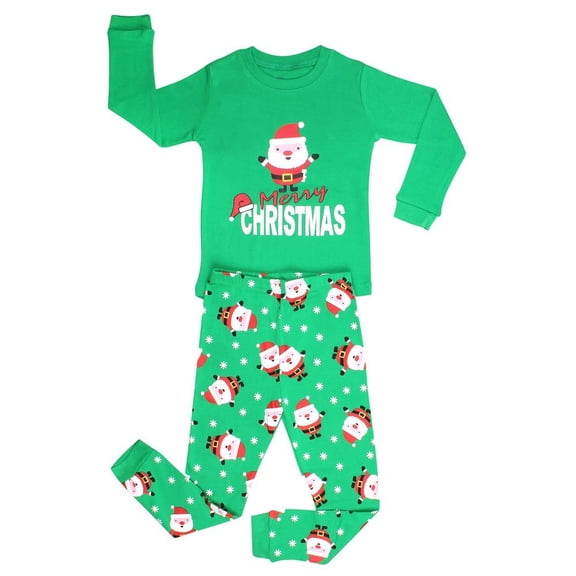 Elowel Green Santa Print Christmas 2-Piece Kids Pajama Set (Unisex)