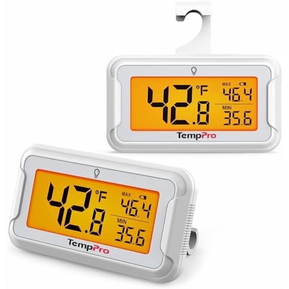 Refrigerator Thermometer 2 Pack with Large Backlit LCD Display, Waterproof Freezer Fridge Thermometer with Max/Min Record, Easy Battery Replacement for Room, Cooler (Previously ThermoPro)