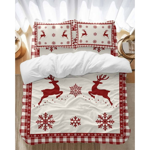 Christmas Red Bedding Duvet Cover Set Twin Size 4 Pieces Snowflake and Elk Bedding Set with Zipper Closure, 1 Comforter Cover 68x86 Inches 1 Flat Sheet & 2 Pillow Cases