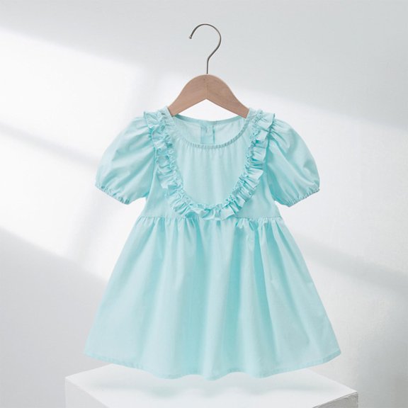 JUSLIO Dresses for Girls Beach Dresses Puff Crew Neck Short Sleeve Casual Dress Size 2 Y