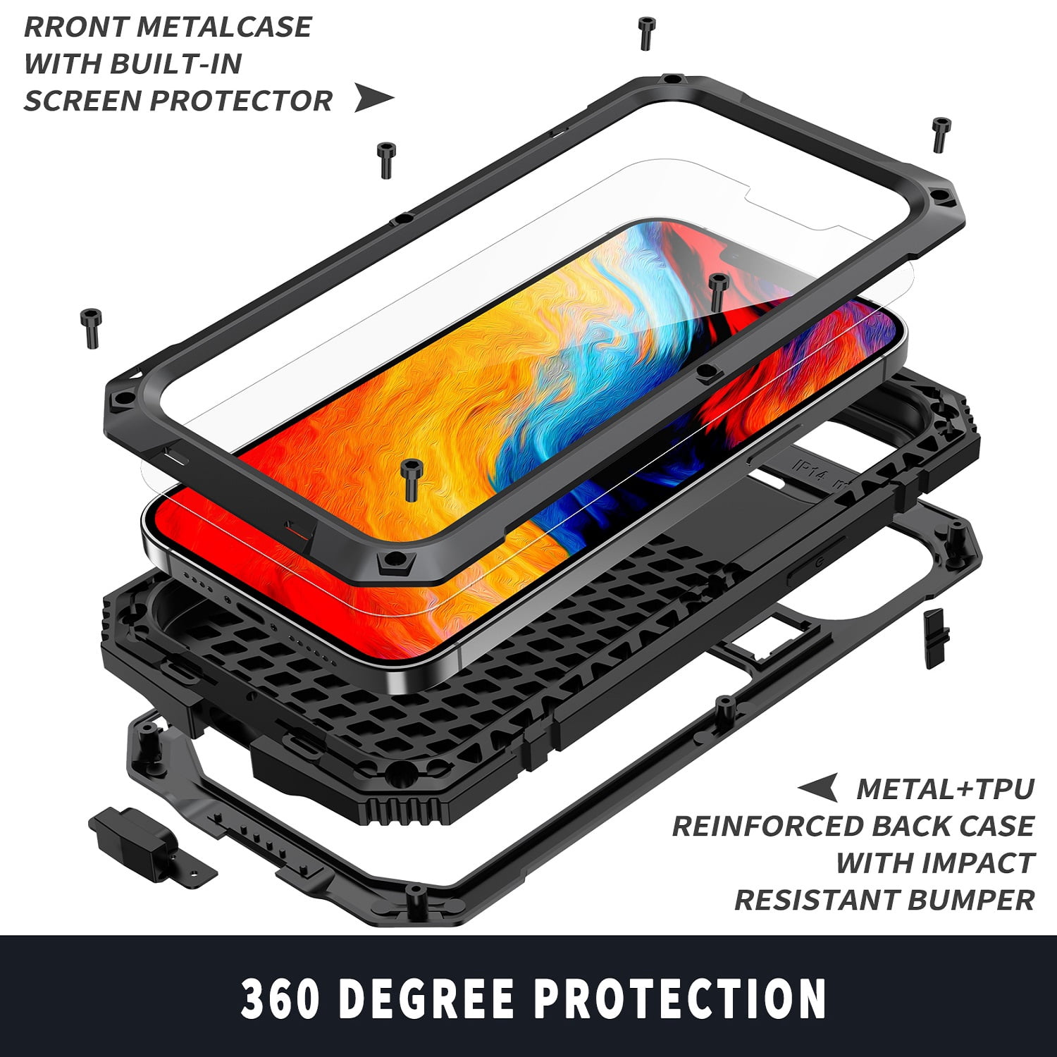 ELEHOLD for iPhone 14 6.1 Inch 2022 Case, Heavy Duty Armor Built-in Explosion-Proof Tempered Glass Screen Protector Wireless Charging Hang Rope Hidden Kickstand Shockproof Rugged Case,Black