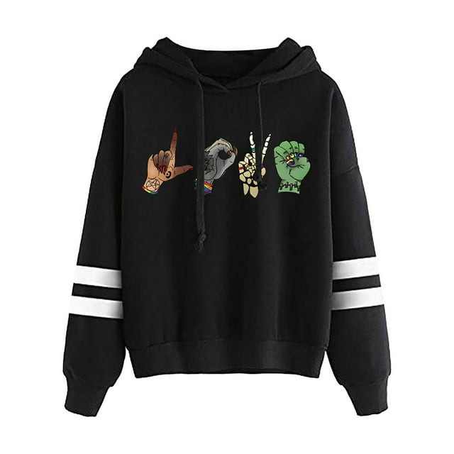 WZXFASHION Women's Autumn/Winter Halloween Gesture Printed Bars Hooded And Drawstring Sweater Up To 50% Off men’s pullover sweater