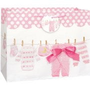 (3 Pack) Clothesline Baby Shower Gift Bag, 13 x 10.5 in, Pink, 1ct
