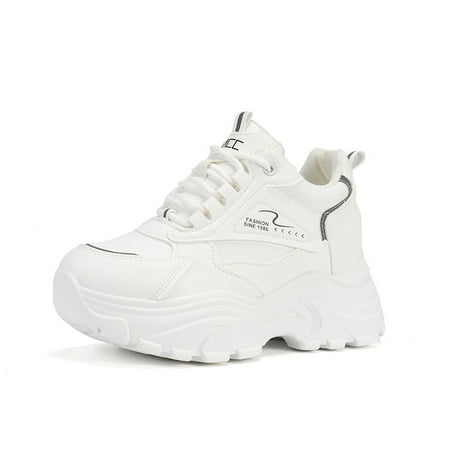 

Round Toe Lace Up Casual Sports Shoes White Thick Bottom Hidden Heel Outdoor Sneakers Women‘s Footwear