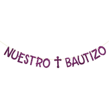 Purple Glitter Nuestro Bautizo Banner with Cross Cutout, Spanish Boy Girl Baptism Christening Party Decor