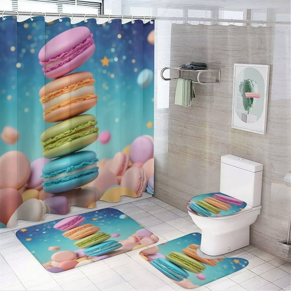Colorful Macarons Stack Shower Curtain Sets Non-Slip Rugs Bath Mat Toilet Cover U Shaped Mat 4 Pcs