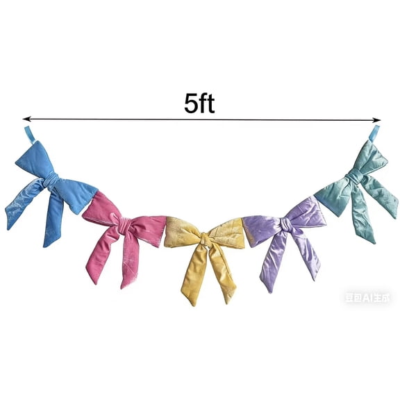 Easter Decorations Pastel Velvet Bow Garland, 5 Ft Spring Room Decor for Home Party Office, Birthday Decorations for Table Door Mantel Window Wall