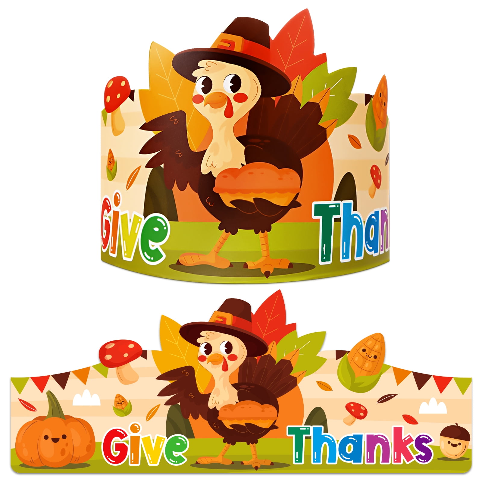 WaaHome 36PCS Thanksgiving Turkey Hats for Kids Aults Thanksgiving Turkey Paper Crowns Headbands