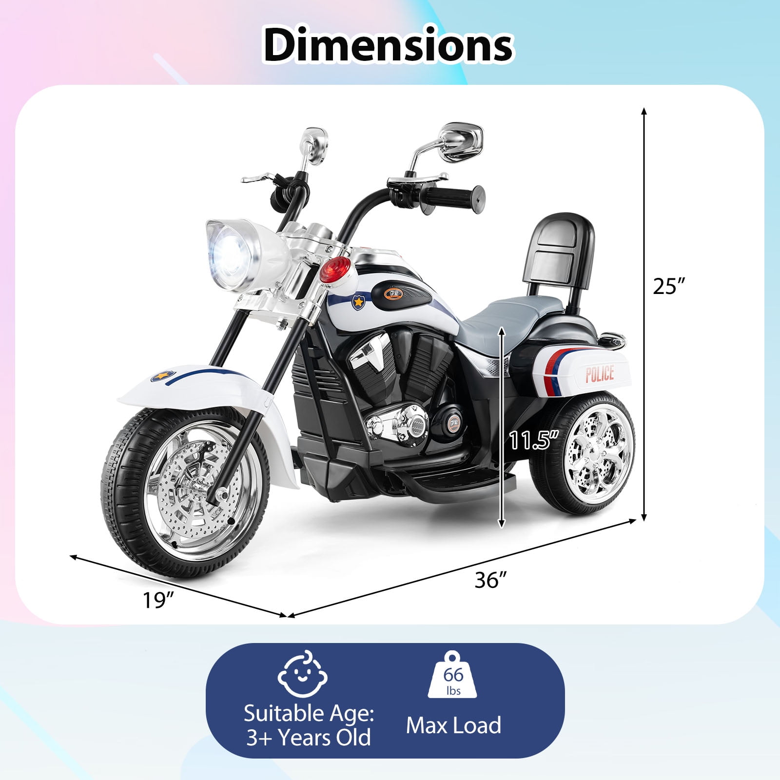 Gymax 6V Electric Kids Motorcycle 3-Wheel Ride On Toy w/ Adjustable Headlight White
