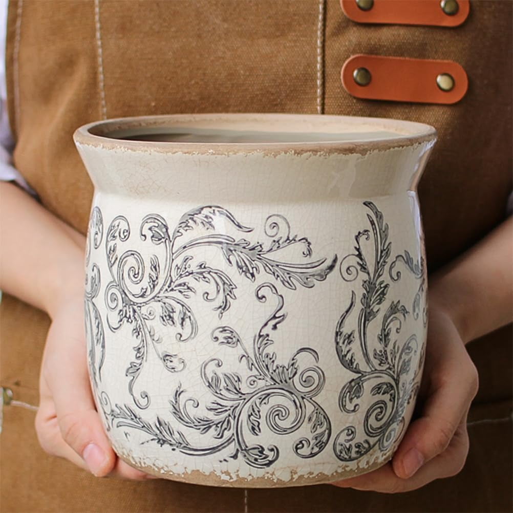 Rustic Ceramic Pots for Plants, 6.21in. Vintage Crackle Glazed Planters for Indoor & Outdoor Plants with Drainage Hole, Unique Planting Pots for Gardening, Tuscan Decor Plant Pots Indoor, Scroll Gray