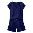 thumbnail image 5 of MOJOGO Women's Summer 2 Piece Outfits V Neck Wrap Short Sleeve Top High Waisted Shorts Casual Cotton Linen Blend Two Piece Set for Women Navy 2XL, 5 of 7